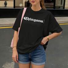 Camiseta Oversize Negra con Estampado Chingona para Mujer Casual Urbano - Negro - Ver 3