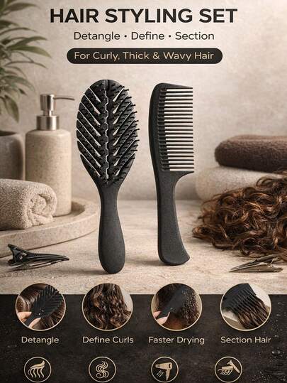 2 pièces Set de brosses à cheveux ventilées anti-enchevêtrement, convient pour les coiffures mouillées et sèches, avec un peigne à larges dents, convient pour les cheveux bouclés, épais, lisses et longs, outil de soins capillaires léger et pratique