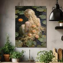 1 pieza Marco de Madera Maciza Decoración de Mural para el Hogar, Estilo Clásico Retro Victoriano, Mujer Elegante en el Lago Arte Impreso en Marco de Madera Decoración de Pared, Se Puede Colgar Directamente en la Pared, Decoración de Pared para el Hogar, Decoración de Sala de Estar, Decoración de - Enmarcado - Ver 4