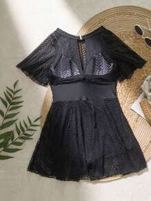 Women's Summer Beach Vacation Round Neck Ruffle Hem Casual Swimsuit Dress - Negro - Ver 4