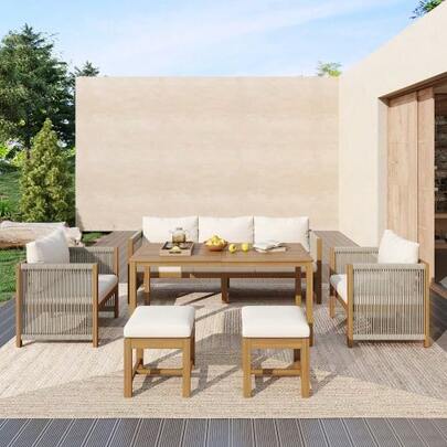 Garden Dining Table Set, Garden Lounge Chair Set, 6-Piece Set. Garden Furniture Set, 3-Seater Sofa, 2 Single Sofas, 2 Stools, Dining Table, Acacia Tabletop, Beige