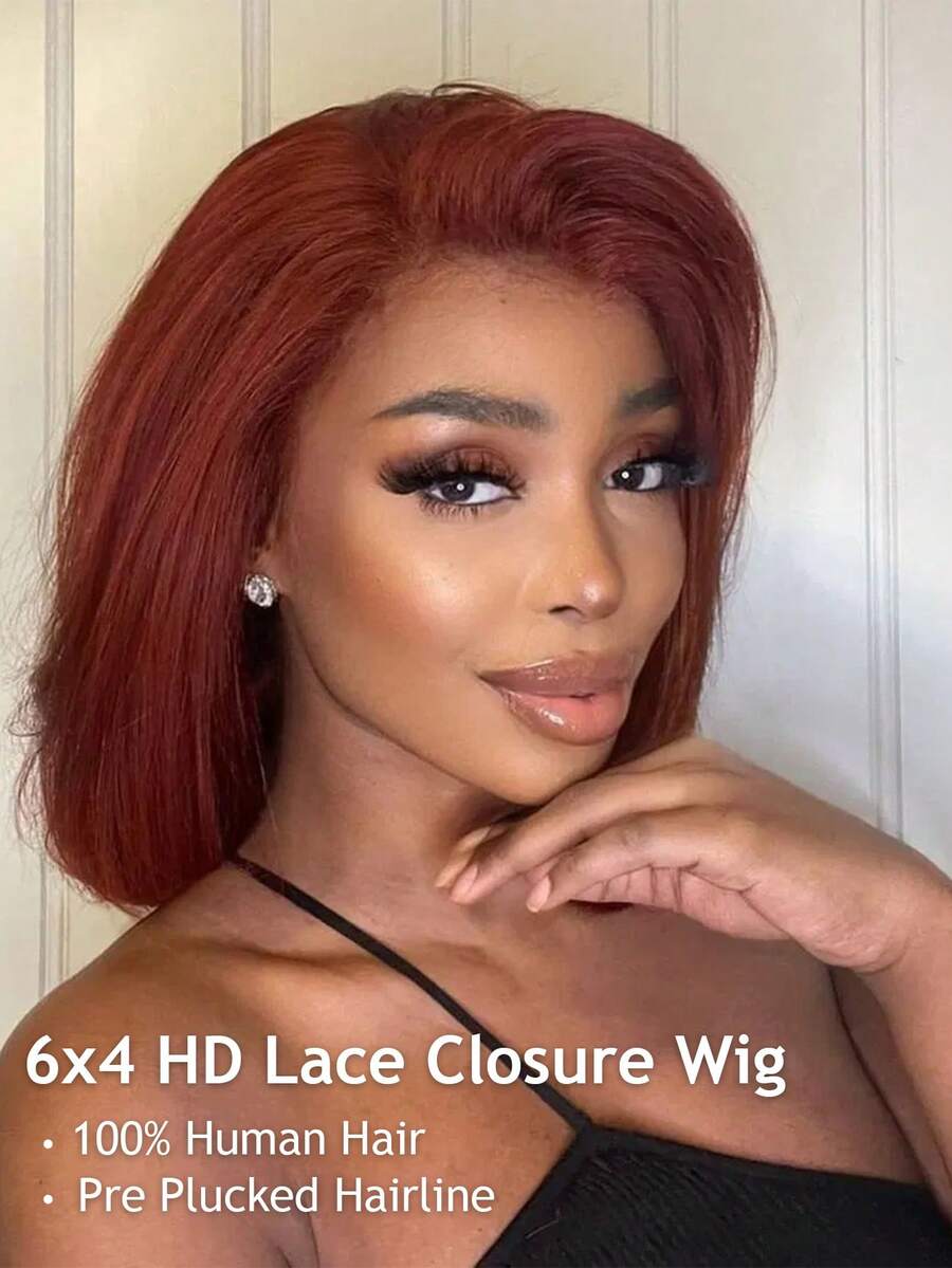 Bye-Bye Knots 6x4 Lace Reddish Brown Straight Bob Human Hair Wig - Glueless Virgin Hair Wig With Pre-Bleached Invisible Knots, 180% Density, Adjustable Elastic Cap For All Light Beige Tones & Occasions, Versatile Hairpiece, Natural Hair Look - Multicolor - View 1
