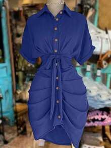 Vestido Mini Camisa Mujer Rojo Intenso, Cuello Solapa Polo, Mangas Cortas Enrolladas, Diseño De Botones Frontales, Nudo Atado En Cintura Y Detalles Arrugados Laterales, Corte Entallado Ajustado, Tejido Suave Ligero, Estilo Chic Elegante Sexy Urbano Para Fiestas Y Looks Diarios - Azul - Ver 11
