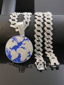 Bộ dây chuyền và đồng hồ Hip Hop Blue Drip Oil Earth, mặt dây chuyền đính đá toàn bộ, dây xích Cuban, phong cách đường phố dành cho rapper, quà tặng dự tiệc, quà sinh nhật cho bạn bè và gia đình. - Màu xanh lam - Xem 5