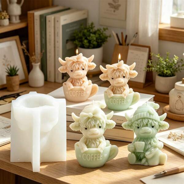 3D Highland Cow Coffee Cup Silicone Candle Mold, Cute Cow In Mug Candle Making Molds With Coffee Lettering, Reusable Silicone Molds For Beeswax Candles, Soap, Resin, Clay, DIY Craft Home Decor