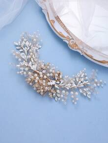 1 pieza Peineta accesorio de novia elegante con flor blanca, cristal y perla en forma de hoja - Dorado - Ver 2