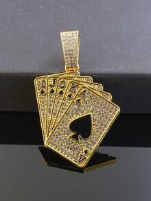 Conjunto de collar con colgante de póker con diamantes de imitación estilo real y reloj con esfera azul completamente cubierto de diamantes de imitación, estilo punk para hombres, joyería a juego de rapero de hip hop - Azul - Ver 6