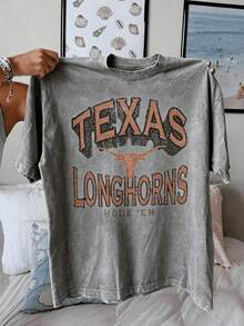 Texas Longhorn Graphic Tee Gameday Letter Print Green Cotton Loose Fit Short Sleeve Vintage Retro Streetwear Casual Apparel Women Men Unisex Tops - 灰色 1 - 查看 2