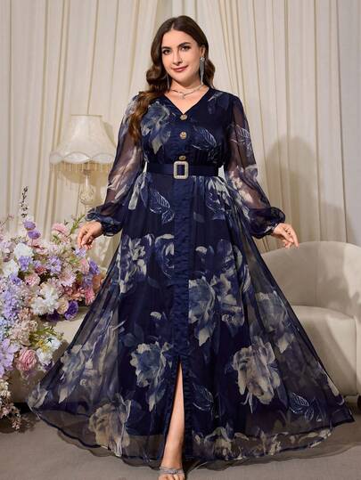 Plus Size Vintage Ditsy Floral Long Sleeve V-Neck Tie Waist A-Line Split Maxi Dress, With Belt, Soft