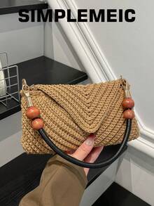 极简V形翻盖信封式腋下单肩包，女士夏季度假沙滩包，轻便波西米亚风手提包 - 卡其色 - 查看 8