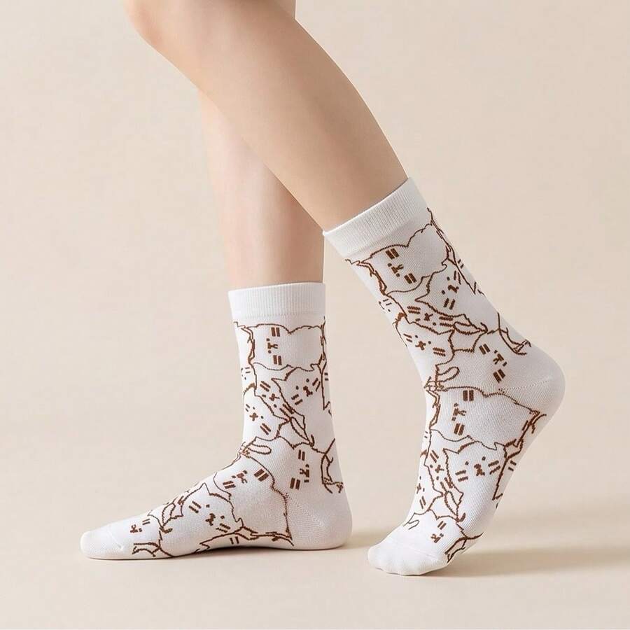 1 Pair Graffiti Print Casual Sports Mid-Calf Socks, Unisex Suitable For All Seasons - White - View 1