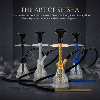 Arabic Retro Shisha Hookah, 4 Colors Luxury Glass Water Pipe, Household Leisure Smoking Set With Hose, Elegant Middle East Style Smoking Accessories For Home Party Relaxation