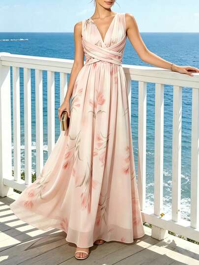 夏季粉色碎花雪纺无袖长连衣裙，V领A字裙，适合母亲节、派对、婚礼等场合，优雅宾客着装。