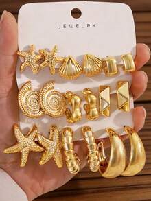 6/18 piezas Pendientes de aro con forma de estrella de mar y concha chapados en oro, pendientes gruesos, pendientes circulares, pendientes grandes en forma de C exagerada, set de pendientes para mujer - Amarillo Oro - Ver 1