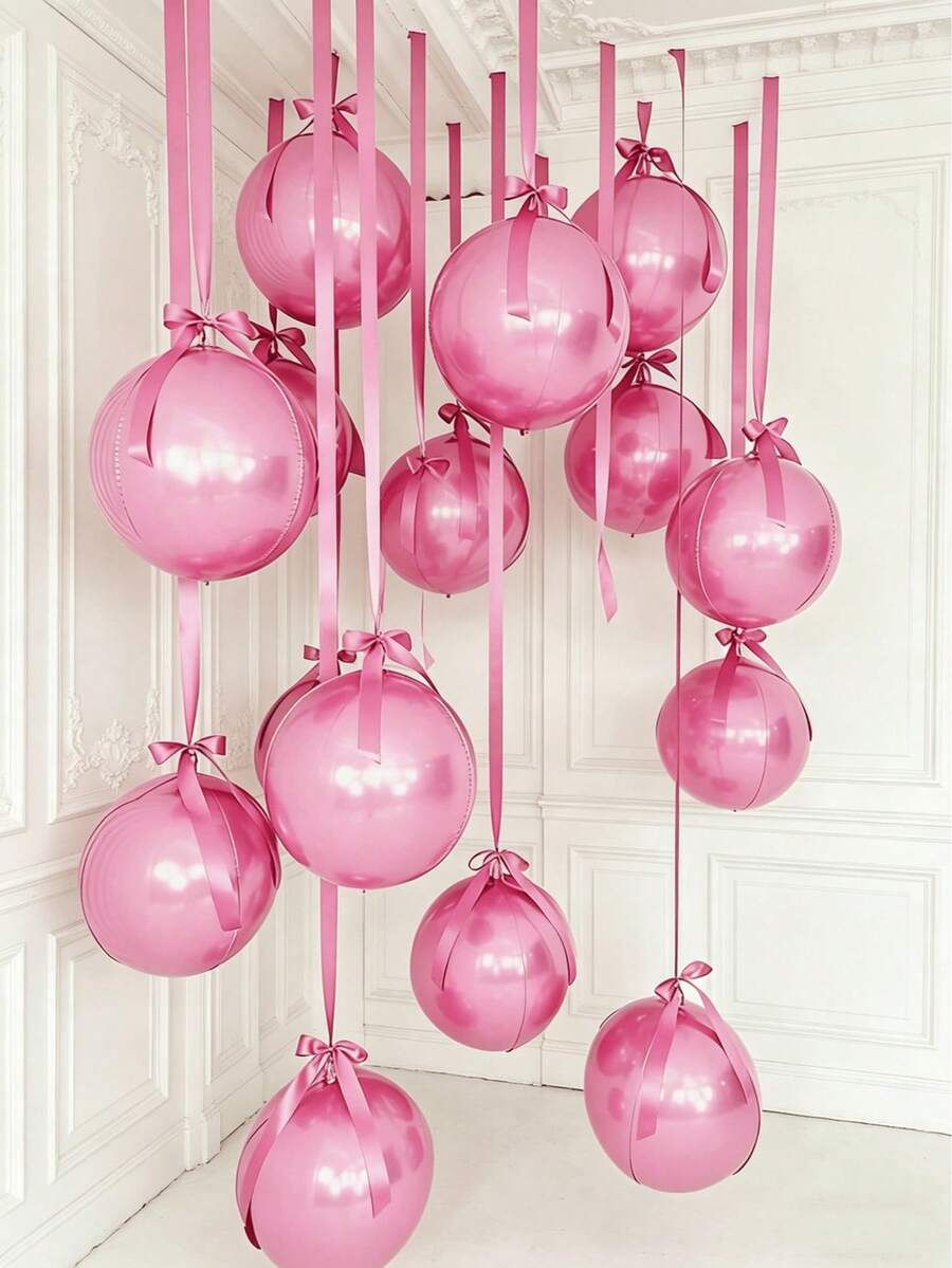 10 piezas de globos rosas de 18 pulgadas 4D con cintas de poliéster rosas y papel de embalaje. Portátil, adecuado para decoración interior, decoración de fiestas, decoración de bodas y reuniones familiares. - Rosa - Ver 1