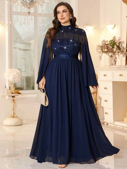 Sequin Floral Lace Splice Fringe Capelet Contrast Chiffon Hem Formal Evening Gown, Suitable For Wedding Guest, Birthday, Graduation Ceremony, Gala And Other Occasions