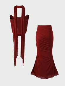 优雅法式魅力浪漫度假海滩婚礼派对性感女士飘逸上衣和鱼尾裙两件套 - 紅色 - 查看 8