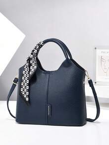 1pc Blue PU Leather Handbag, Lizard Grain, Multi-Layer, 4 Seasons New Arrival, Korean Style, Spring/Summer, Women's Birthday Gift, Date, High-End, Office/Commute, Solid Color, Gift For Mom, Versatile, Bucket Bag, Niche Soft Leather, Shoulder/Crossbody Bag - Blue - View 7
