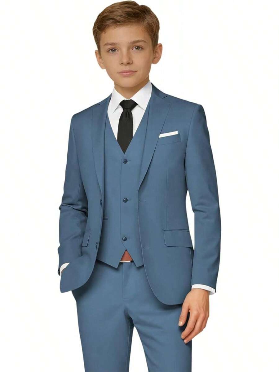 2026 Boys 5-Piece Formal Suit Set, Kids Wedding Communion Easter Tuxedo, Jacket Vest Pants With Shirt And Tie, Gentleman Formal Outfit - 藍灰色 - 查看 1