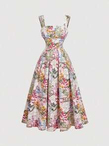 MOD Vestido elegante de mujer con estampado floral, cintura ceñida y tirantes gruesos - Multicolor - Ver 5
