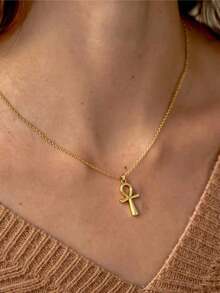 1pc 18K Gold Plated Ankh Cross Necklace, Delicate Ankh Pendant Cross Necklace, Stainless Steel Necklace For Women, Vintage Silver Cross, Great Gift Choice - 多色 - 查看 2