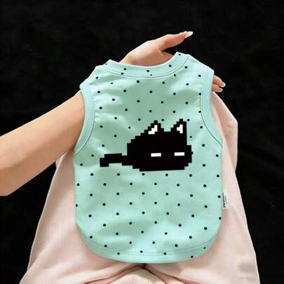 Mint Green & Black Polka Dot Cartoon Print Breathable Vest Shirt For Small Dogs, Spring/Summer