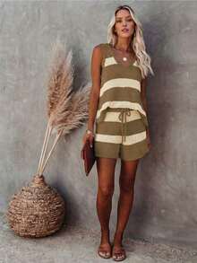 Conjunto de punto de chaleco y pantalones cortos a rayas de contraste de cuello en V, estilo elegante y relajado, adecuado para el uso diario, vacaciones, salidas a la playa en verano - Caqui - Ver 6