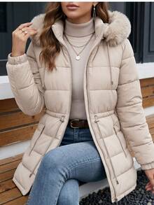 Women's Puffer Jacket With Faux Fur Lining For Winter With Hood - Beis - Ver 4