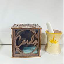 1件复古木质装饰品,温馨的节日和婚礼欢迎卡,适用于毕业派对卡片盒,镂空花卉图案,明信片夹套装,记录难忘时刻 - 棕色 - 查看 3