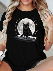 Black Cat Playing Keyboard Under Moon 180g Milk Silk Double Grinding Women's T-Shirt,Comfortable,Suitable,Casual Versatile Tops, Street Wear, Daily Outfits, Free Shipping - 黑色 - 查看 2
