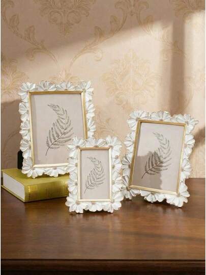 1pc White Resin Photo Frame With Gold Trim, 3D Daisy Decor, Square Desktop Display Stand, Horizontal & Vertical Use, Suitable For Home Decor And Photography Props