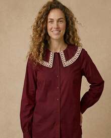Women's Shirt With Ruff Collar/ Embroidered Detail/ Front Buttons/ Long Sleeves/ Classic Fashion S2192 2 In 1 Office - Burgundy - View 2