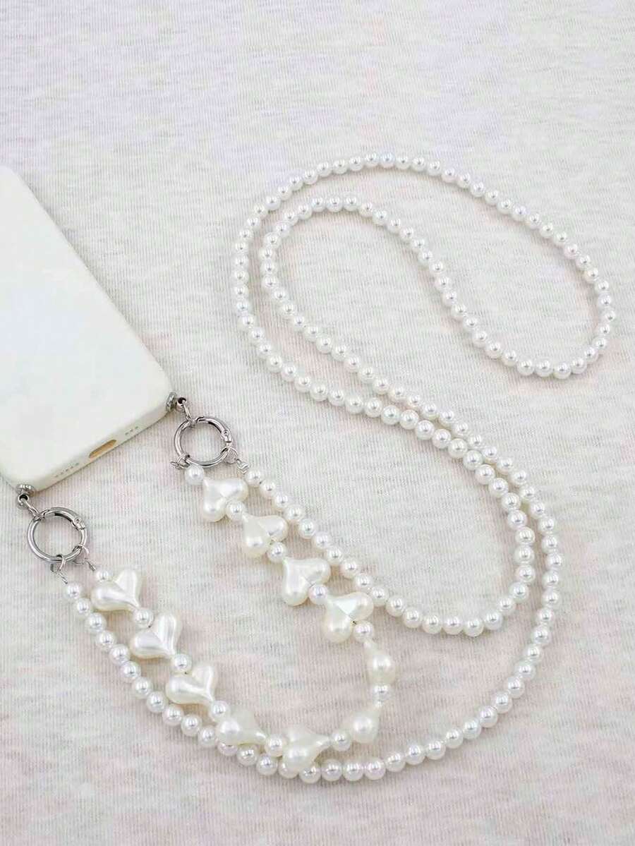 1 pieza Cadena multifuncional para teléfono de color blanco perla/negro, cadena desmontable para bolso, correa para el hombro con cuentas con forma de corazón, compatible con bolsos - Blanco - Ver 1