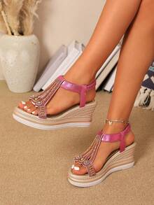 Giày sandal đế xuồng phong cách Bohemian mới năm 2025 dành cho nữ, sandal cao gót đế dày kiểu La Mã. - Màu Hồng Tươi - Xem 6