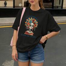 Camiseta Negra con Estampado de Calavera Mexicana y Texto Chingona Como Mi Madre para Mujer Casual - Negro - Ver 3