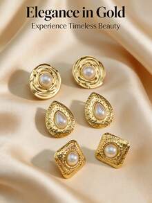 1/3pcs 18K Gold Plated Stainless Steel Vintage Pearl Earrings, Gold Baroque Style Pearl Earrings, Fashionable Geometric Oval Earrings, Anti-Oxidation & Hypoallergenic, Unique Asymmetrical Design, Suitable For Mother's Day, Valentine's Day, Party, Daily, Beach, Bridesmaid, Birthday & Holiday Jewelry Gift - Multicolor - View 7