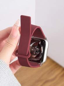 1条男女通用荔枝纹硅胶磁吸表带，兼容 42mm、38mm、40mm、41mm、44mm、45mm、46mm、49mm，时尚智能手表替换表带，适用于Series Ultra2、Ultra SE2、SE 11、10、9、8、7、6、5、4、3、2、1 - 酒紅色 - 查看 3