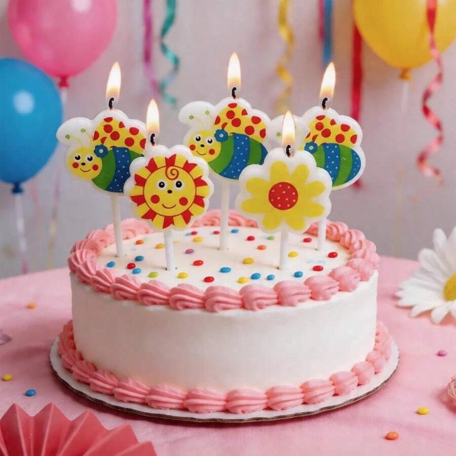 5pcs Creative Cartoon Bee Candles, Cake Decoration Cute Smiling Face Sun Candles, Flower Candles, Birthday Celebration Baking Plug-Ins - View 1