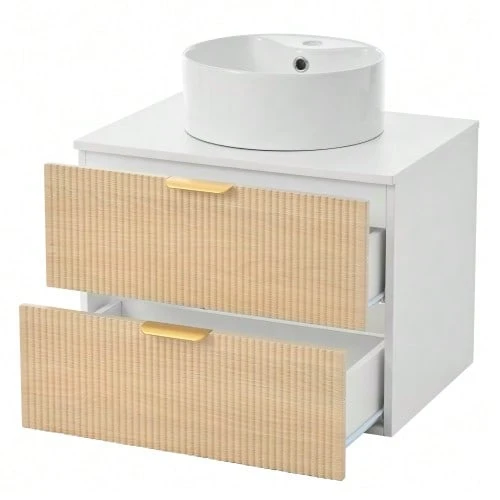 60cm Wall-Hung Bathroom Vanity Unit With Round Ceramic Sink, Drawer Fronts With Wood Look And Simple Stripe Design, High Quality MDF Board, Large Storage Capacity: 2 Drawers + Countertop. - 自然色 - 查看 1
