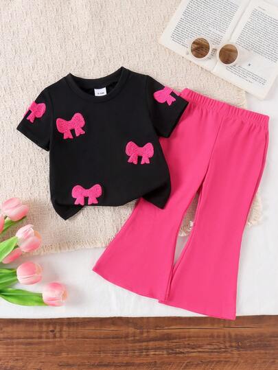 2pcs Baby Girls' Cute Bow Embroidered Round Neck T-Shirt + Solid Color Flared Pants Set, Summer