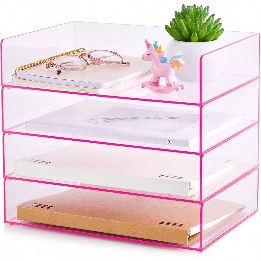 4 Tier Paper Organizer Letter Tray Pink Acrylic Desk File Organizer Heavy Duty Stackable Documents Letter Paper Holder Office Tray A4, Office Classroom Home File Pad Notebooks - Transparent Pink + 12.4 X 8.7 X 2.7 Inches - View 1