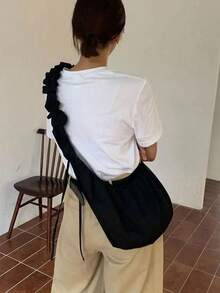 Bolso de hombro de tela negra sólida, bolso de tela con pliegues y volantes debajo del brazo de gran capacidad, silueta blanda y holgada, bolso de estilo minimalista y elegante para uso diario. Perfecto para estudiantes, damas casuales y uso diario. Excelente para ir al trabajo, compras casuales, paseos por la calle y reuniones de fin de semana. - Negro - Ver 4