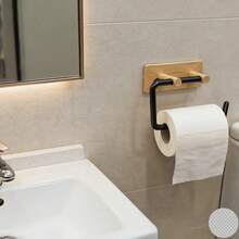 Modern Wall‑Mounted Toilet Paper Holder Wood‑Grain Finish (Plastic Material Only),Drill‑Free Self‑Adhesive Tissue Holder, Dual‑Use Organizer ForKitchen & Bathroom, Sturdy Wood‑Look Plastic, Holds Paper Rolls, Wrap Rags & Toilet Paper, Easy To Install - Multicolor - View 2