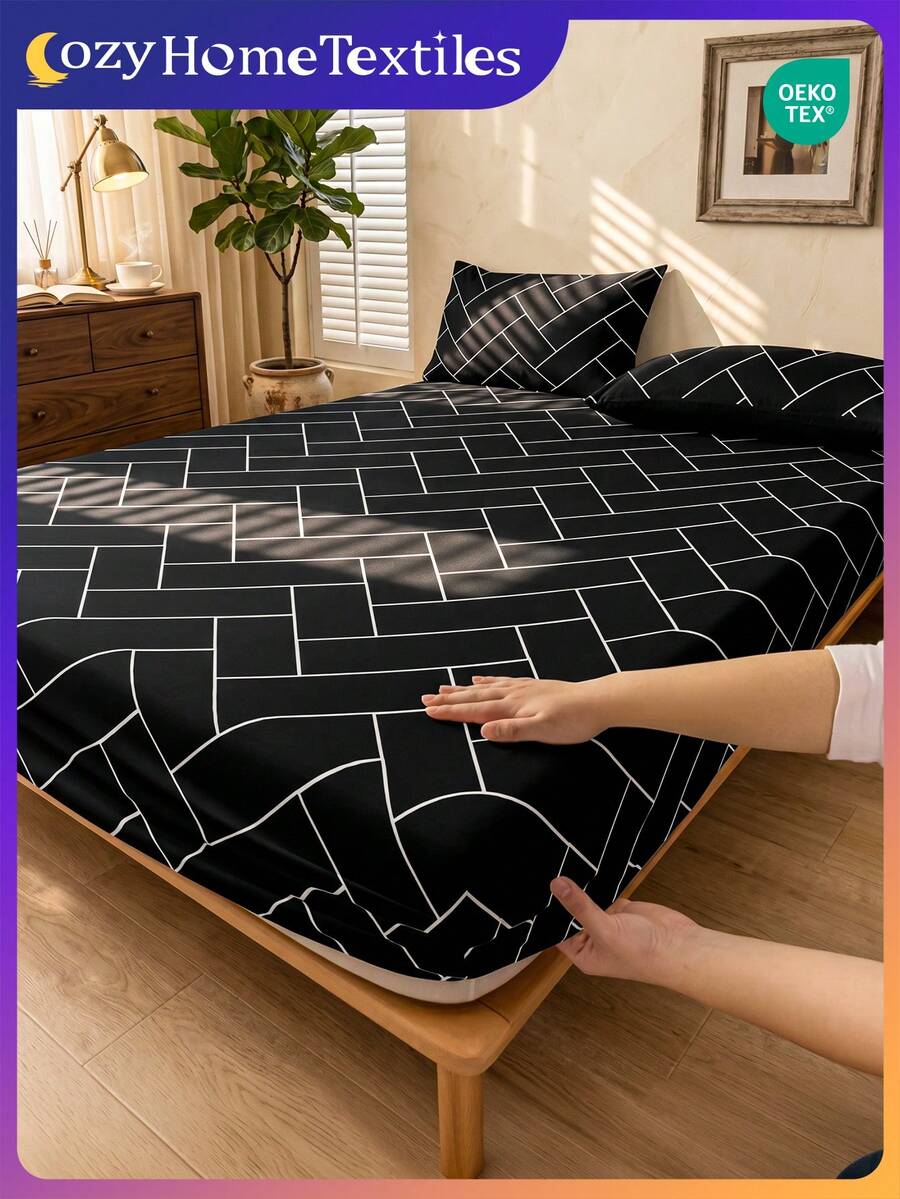 1 Juego de ropa de cama, sábana ajustable, protector de colchón, funda de colchón suave y cómoda, regalo del Día de San Valentín, sábana con patrón de corazones y geométrico, juego de ropa de cama con patrón de corazones lindos, decoración del hogar, apto para camas individuales, dobles, queen y king, juego de ropa de cama, certificado Oeko-Tex