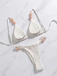 Bộ bikini cổ yếm màu trắng đính ngọc trai, kiểu dáng thanh lịch, gợi cảm, thời trang thường ngày, thích hợp cho nữ, đi biển hoặc dự tiệc mùa xuân/hè. - trắng - Xem 3