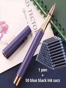 1 penna + 50 st. refillpatroner, matt metallreservoarpenna, mjuk skrift, lämplig för skolan, kontoret, present, kompatibel med 3,4 mm bläckpatroner - 51-delat set - Visa 18