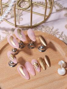 24pcs 3D Stereo Nail Patches, Medium Almond Shape, Gold Line Art Decorative Flower Pattern, Reusable, Full Cover False Nails, Luxury Style, Matte Surface, Suitable For Women And Girls Daily Wear - Gold - View 2