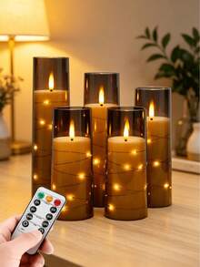 5pcs Flameless LED Candles With Timer, Flickering Candlesticks For Romantic Ambiance And Home Decor, Stable Acrylic Shell With Embedded Star String, Battery Operated Candles (Gray) - 灰色外燈串 - 查看 1