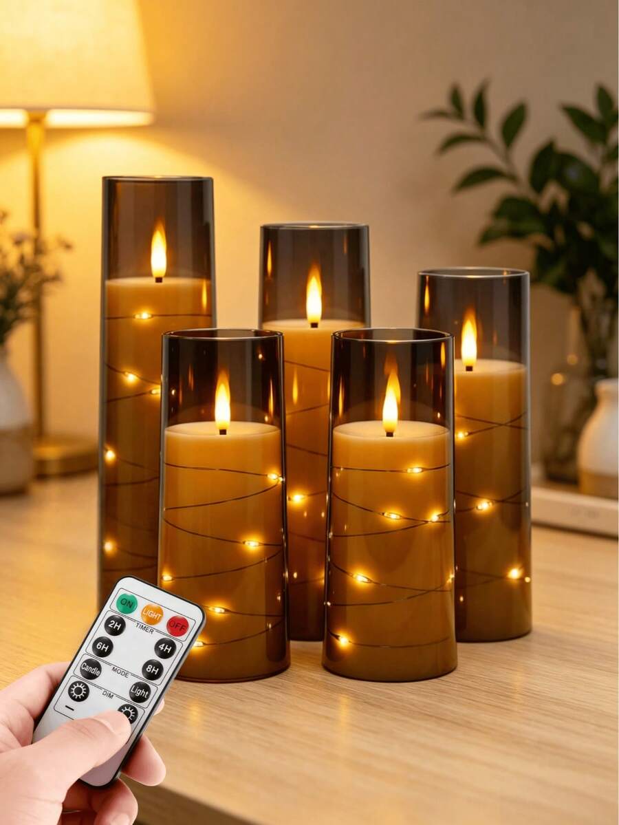 5pcs Flameless LED Candles With Timer, Flickering Candlesticks For Romantic Ambiance And Home Decor, Stable Acrylic Shell With Embedded Star String, Battery Operated Candles (Gray) - 灰色外燈串 - 查看 1