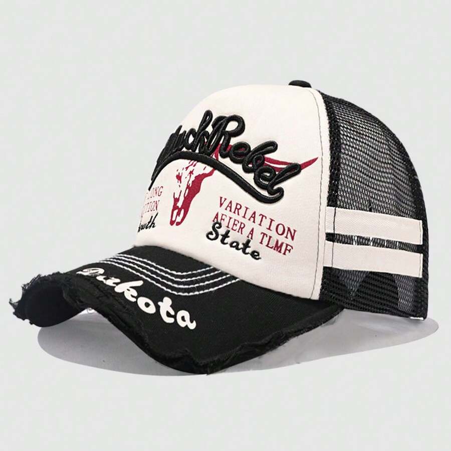 新款水洗网眼棒球帽，复古时尚牛头刺绣网眼帽，男女通用经典刺绣字母按扣帽，四季皆宜 - 彩色 - 查看 1